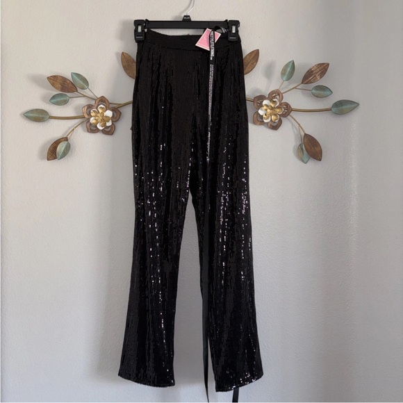 Pretty Little Thing Black Sequin High Waisted Straight Leg Trouser Pant 0 - Picture 1 of 8